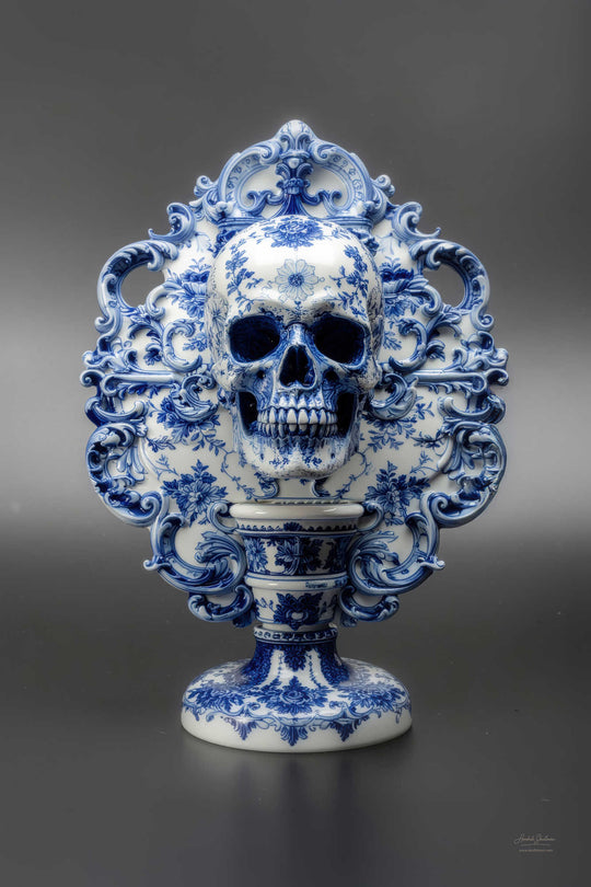 Foto van porseleinen schedel met klassieke ornamenten – SkullBloom