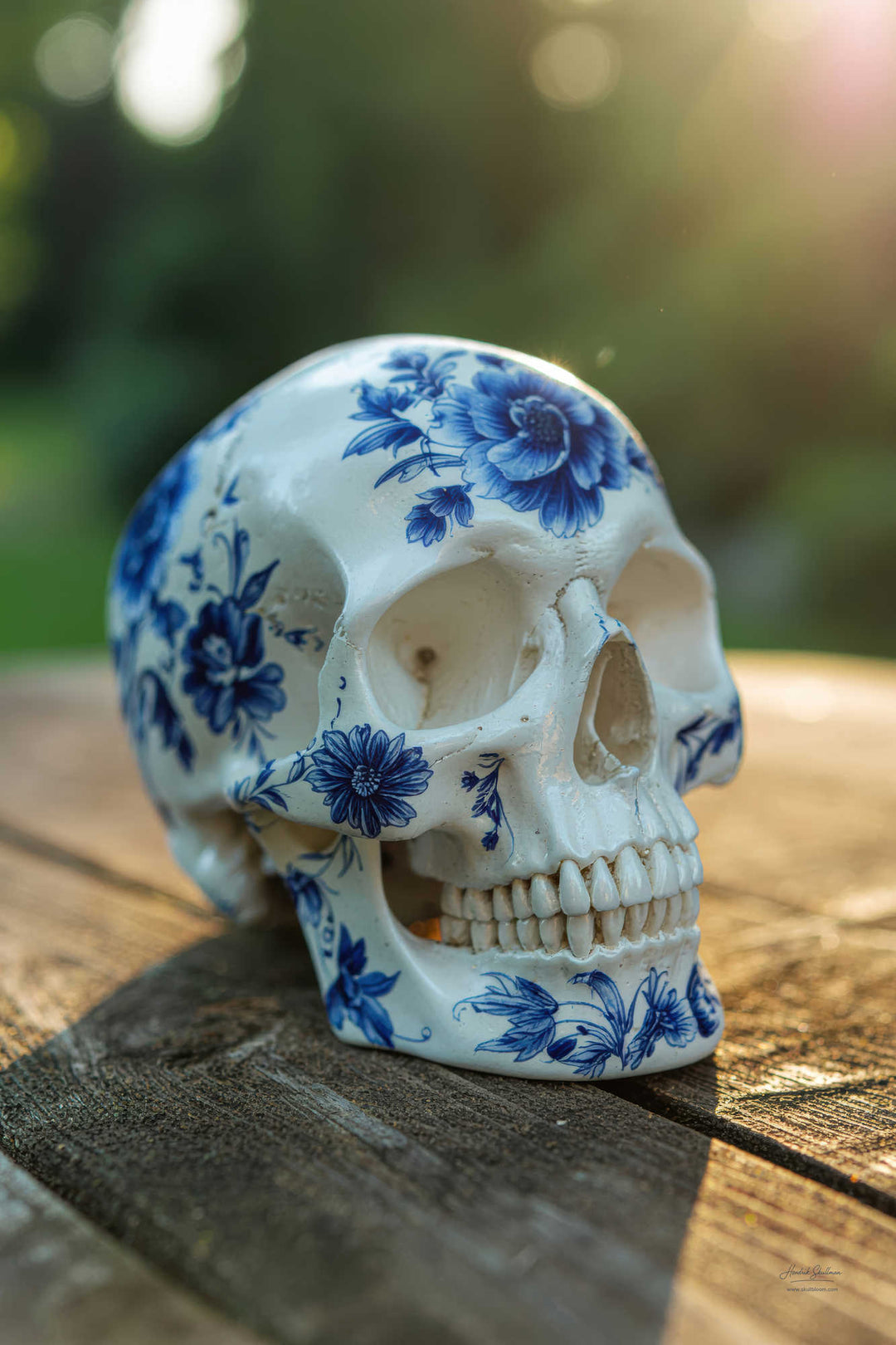 Foto van porseleinen skull met decoratieve patronen op houten tafel – SkullBloom
