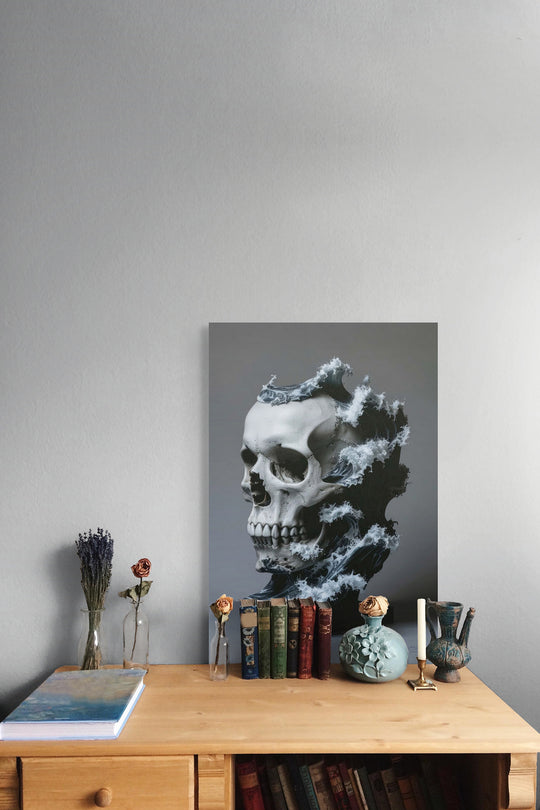 Donker Skullbloom kunstwerk met terugtrekkend water in werkruimte