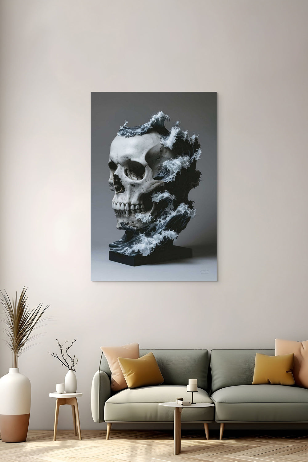 Skullbloom Dark kunstwerk met schedel in zee aan de muur in interieur