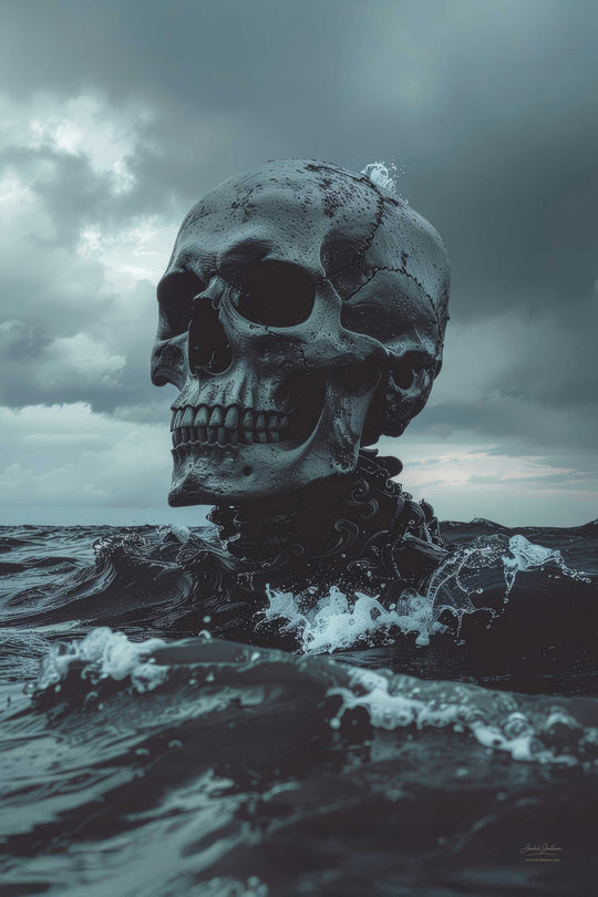 Stenen schedel in zee tussen twee golven – Skullbloom Dark Tussen Twee Golven