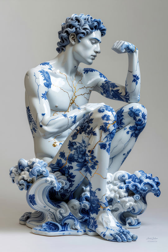 Foto van porseleinen Zeus beeld met bloemen en goud tegen donkere achtergrond – Skullbloom