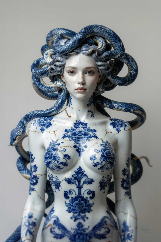 Foto van porseleinen Medusa beeld met slangen decoratie met bloemmotieven en gouden scheuren – Skullbloom