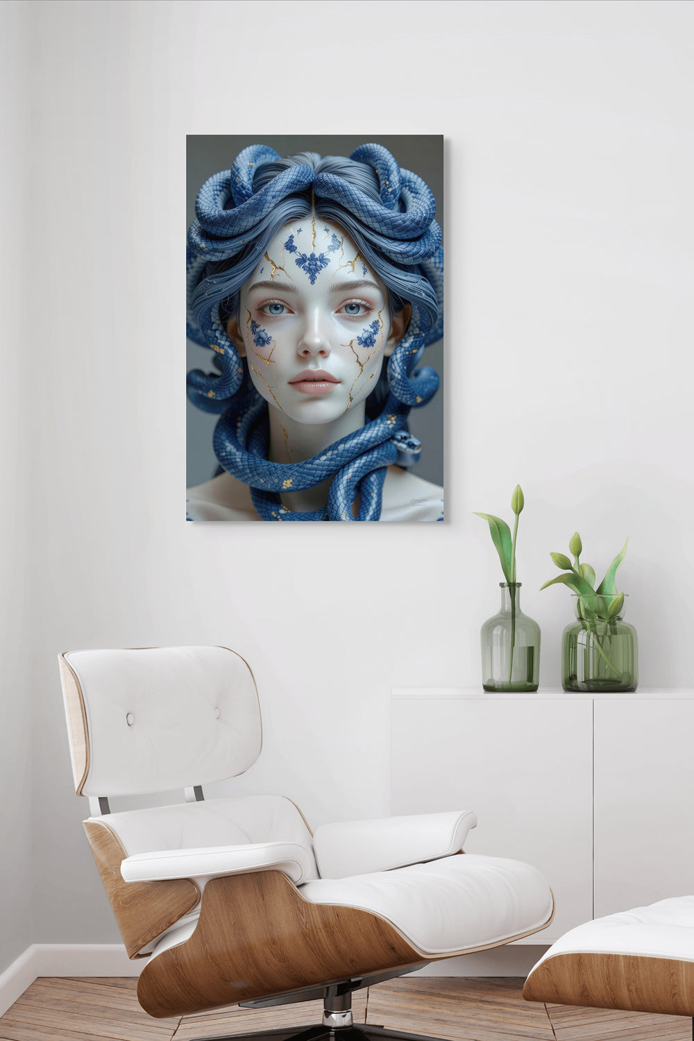 Skullbloom Medusa kunstwerk met slangen als statement aan de muur