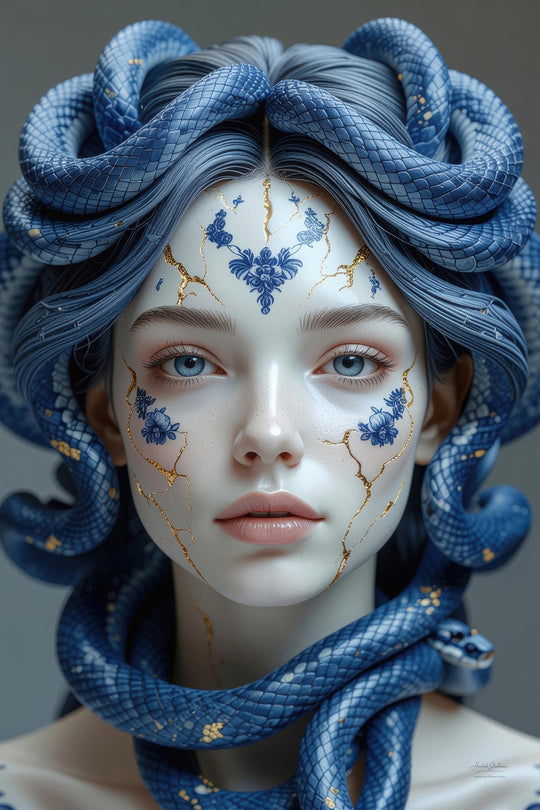 Fotografische weergave van porseleinen Medusa met slangenhaar en goudaccenten – Skullbloom