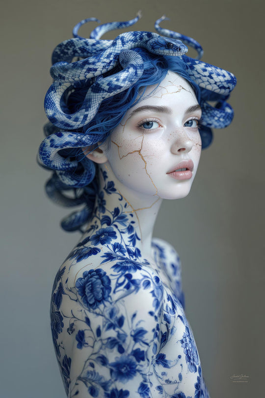 Foto van porseleinen Medusa beeld met slangen, bloemmotieven en goud – Skullbloom