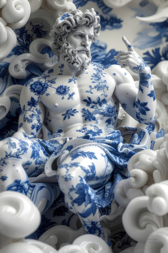 Foto van porseleinen Poseidon beeld met bloemen en goud tegen zwarte achtergrond – Skullbloom