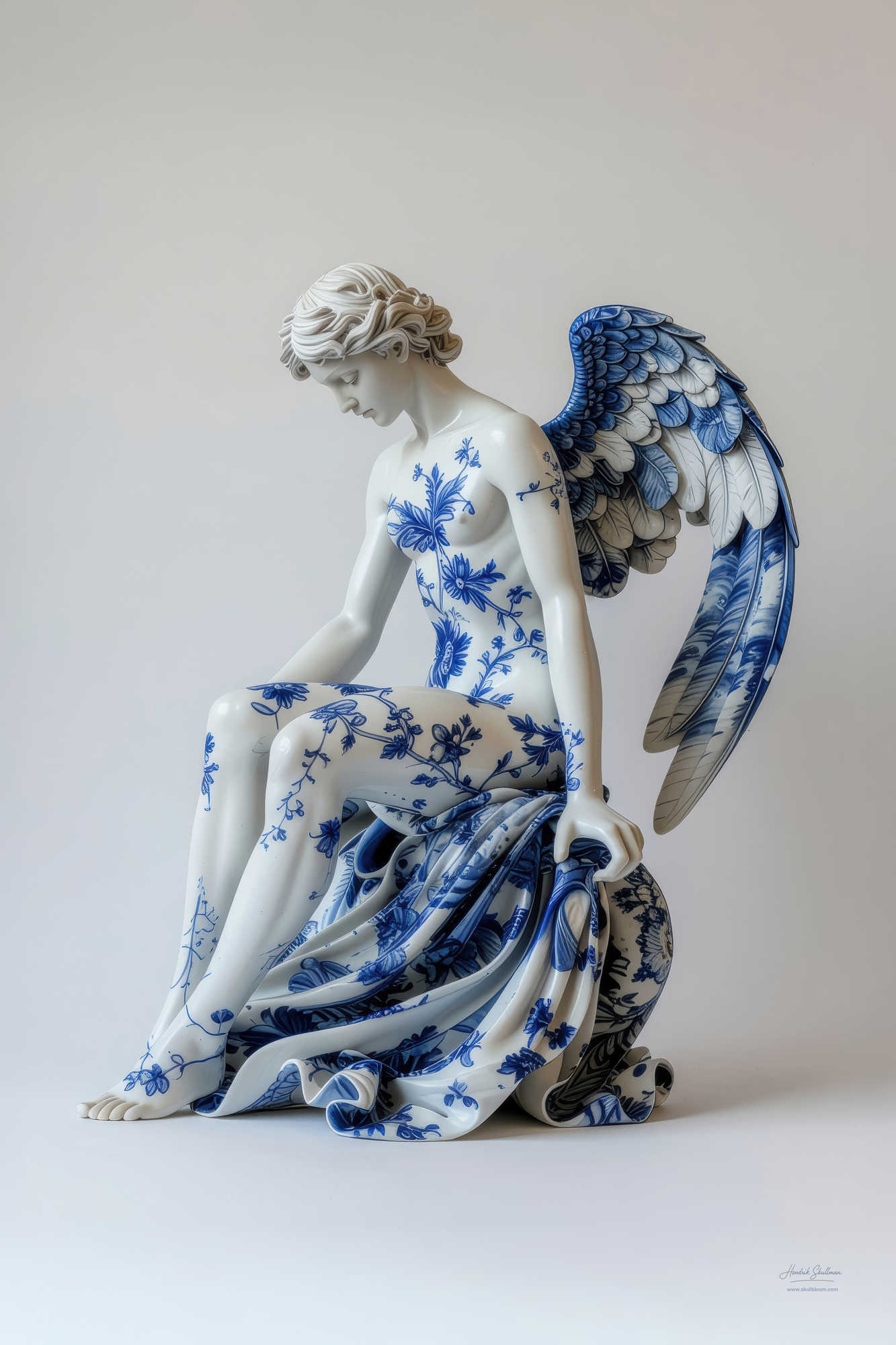 Foto van porseleinen Nike beeld met bloemen en goud tegen donkere achtergrond – Skullbloom