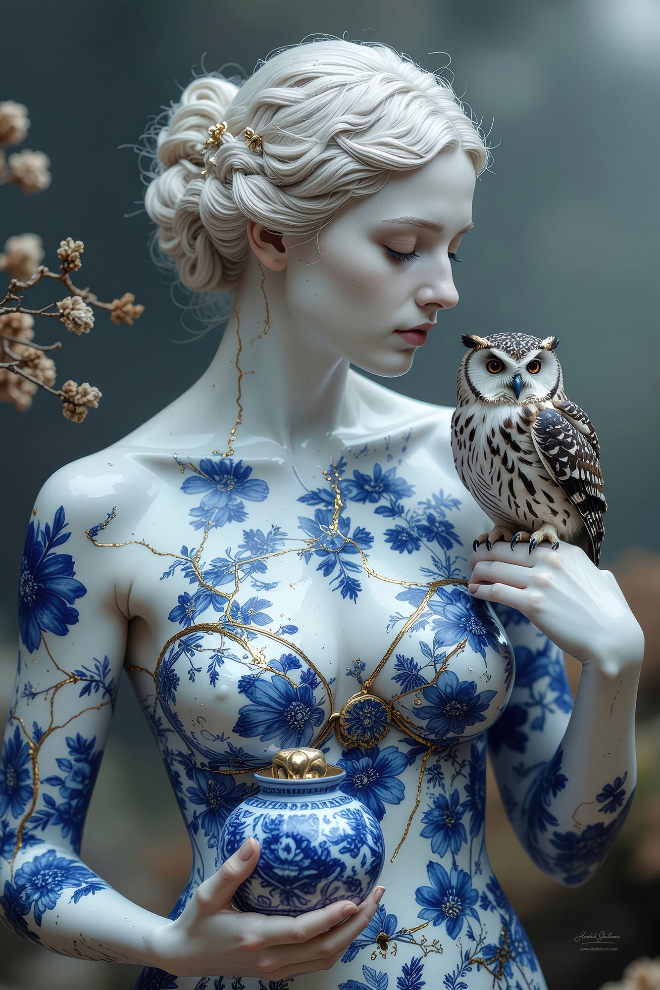 Fotografisch kunstwerk van porseleinen Athena beeld met bloemen en goud in scheuren – Skullbloom