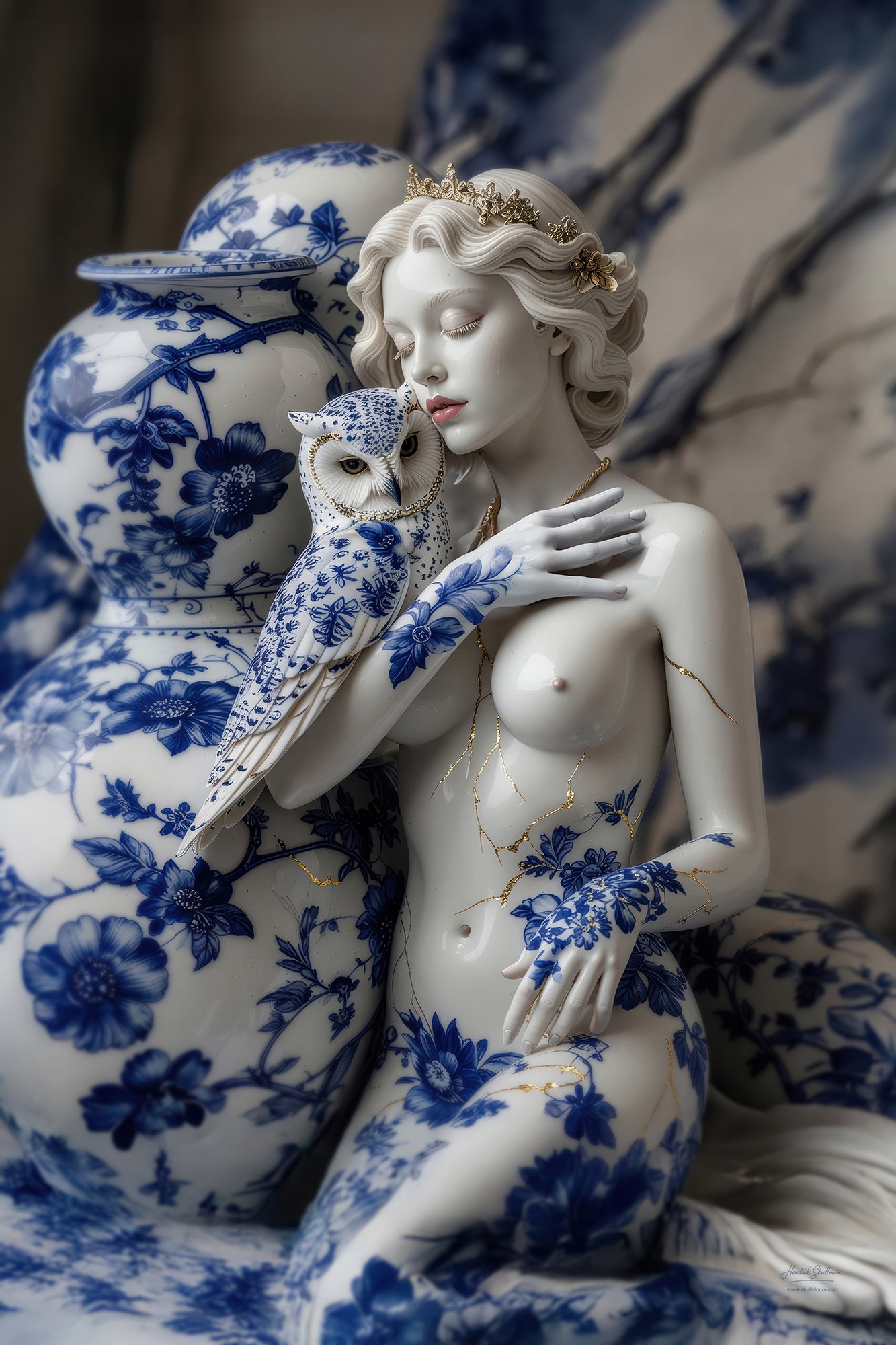 Fotografisch kunstwerk van porseleinen Athena met ornamenten en goud door Hendrik Skullman– Skullbloom