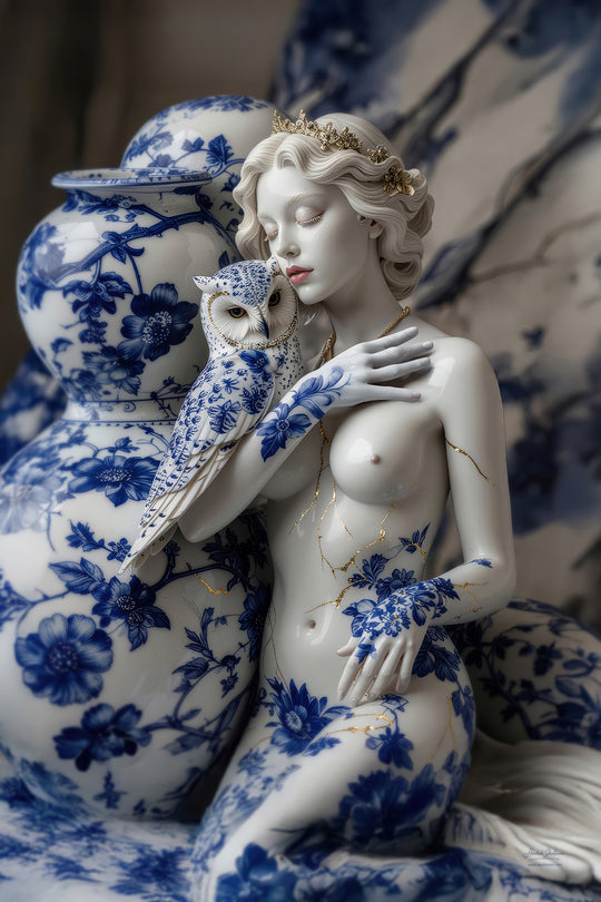 Fotografisch kunstwerk van porseleinen Athena met ornamenten en goud door Hendrik Skullman– Skullbloom