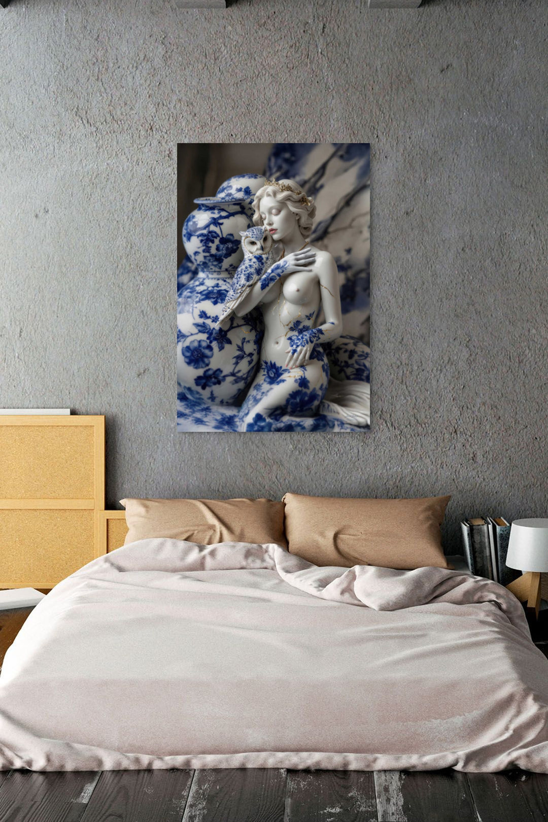 Skullbloom foto van porseleinen Athena als wandkunst in luxe woonruimte