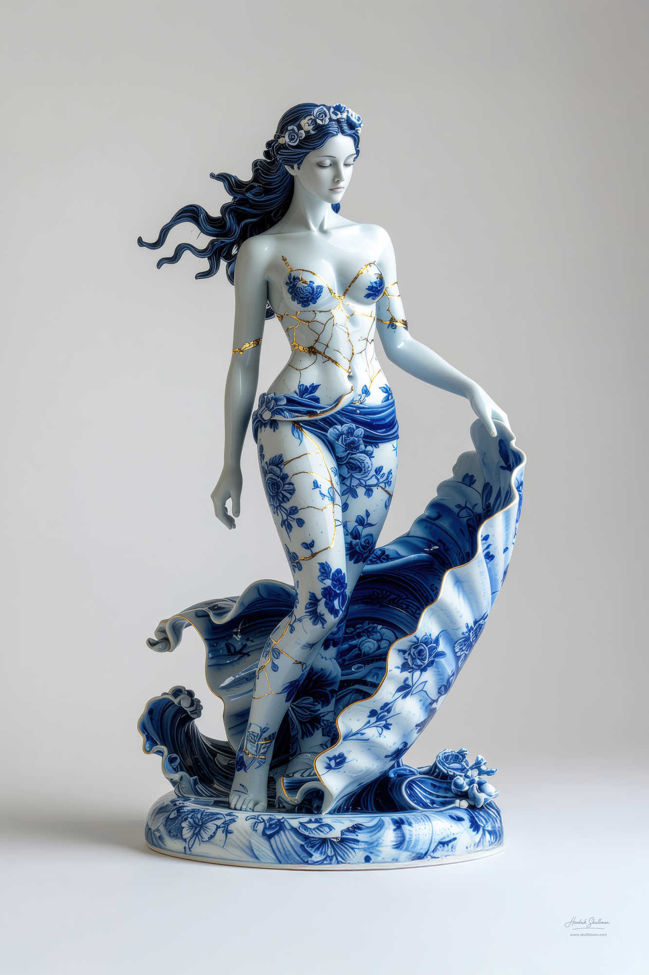 Foto door Hendrik Skullman van porseleinen Aphrodite beeld met bloemmotieven en gouden scheuren – SkullBloom