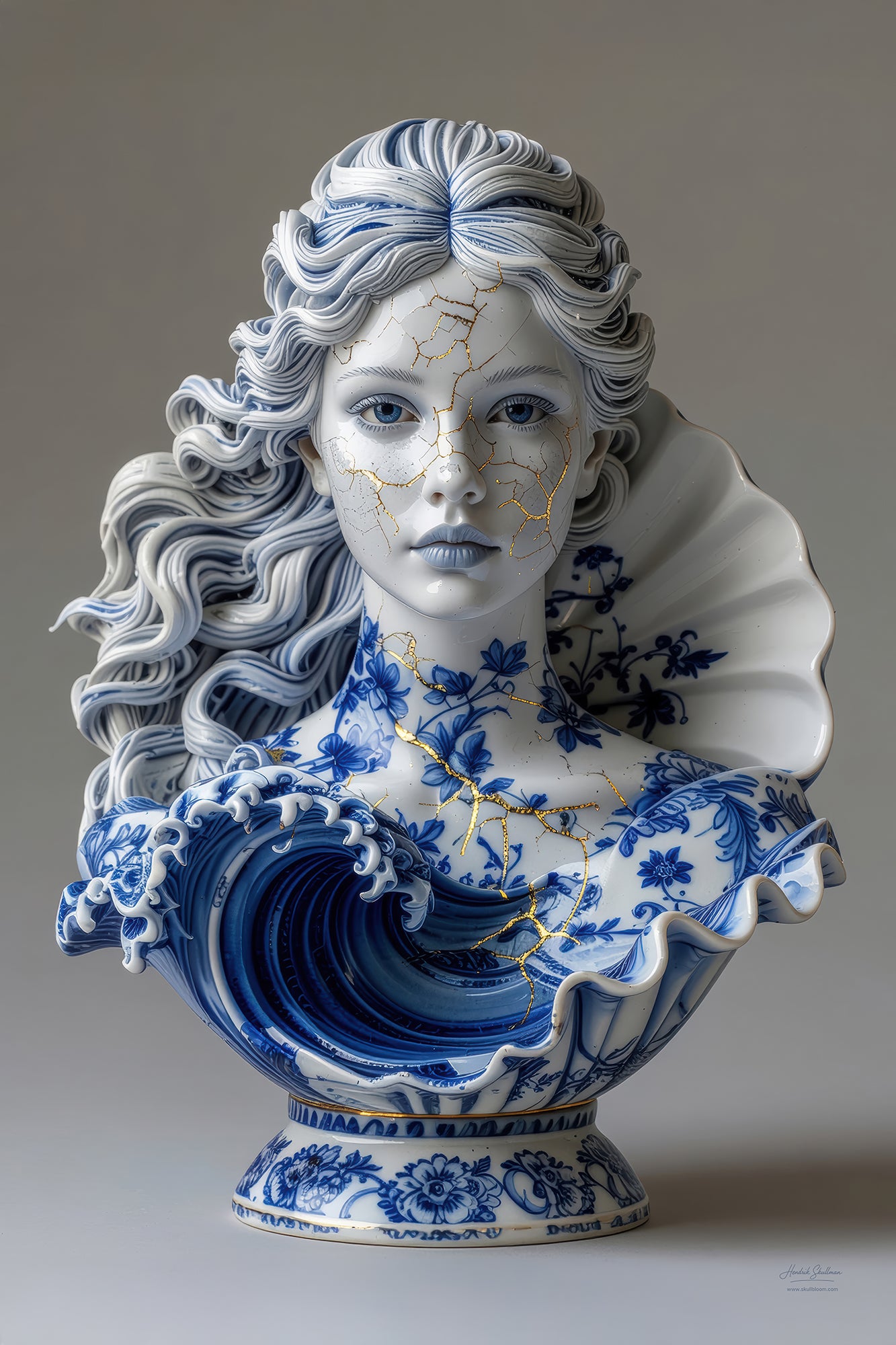 Foto van porseleinen Aphrodite met bloemen en gouden details. Gemaakt door Hendrik Skullman – Skullbloom