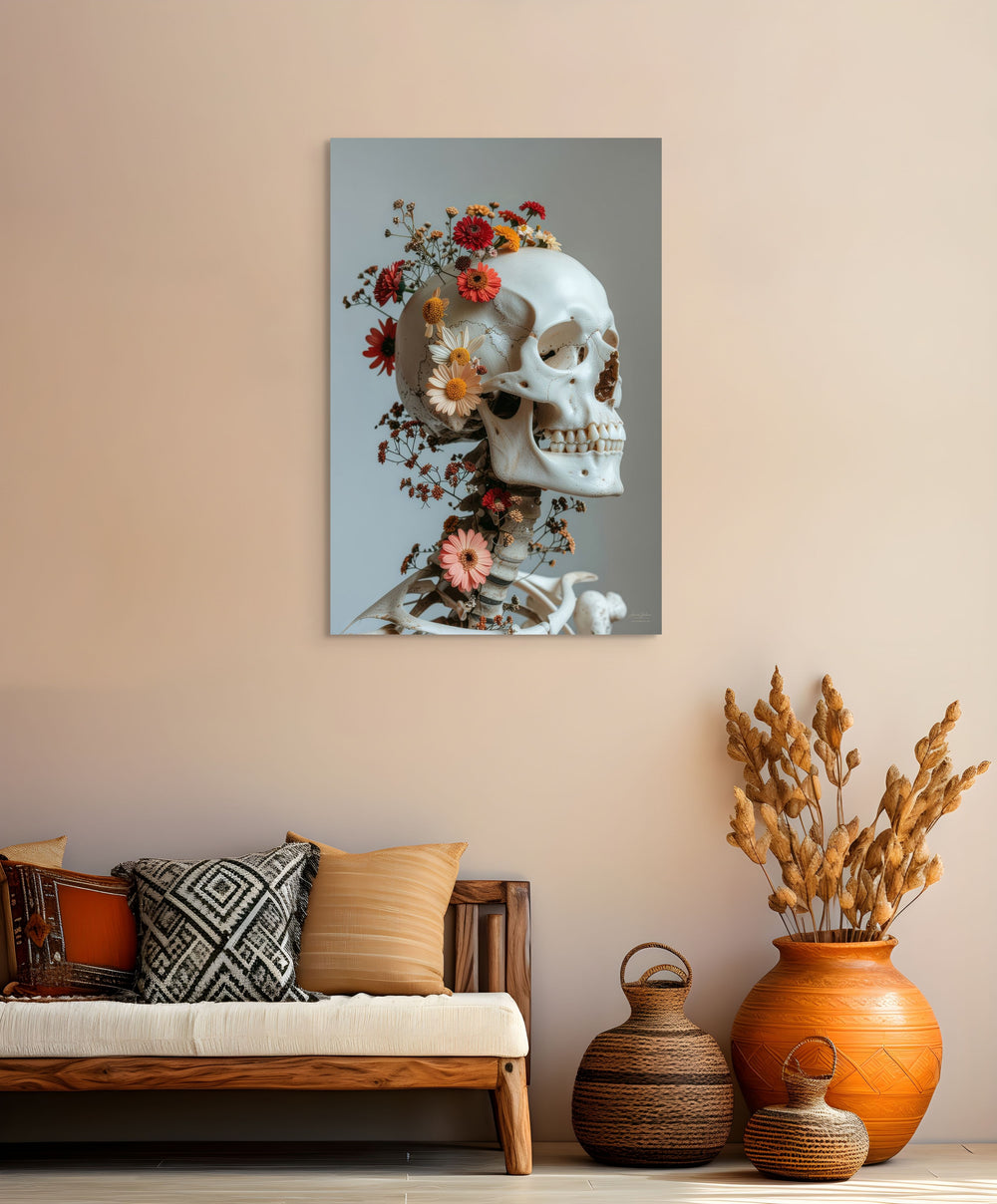 Skullbloom Floral kunstwerk met schedel en bloemen in woonruimte