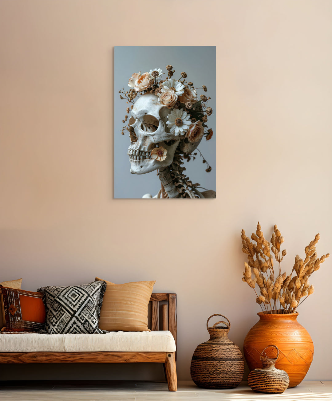 Fotografische Floral kunst met schedel en bloemen als wanddecoratie