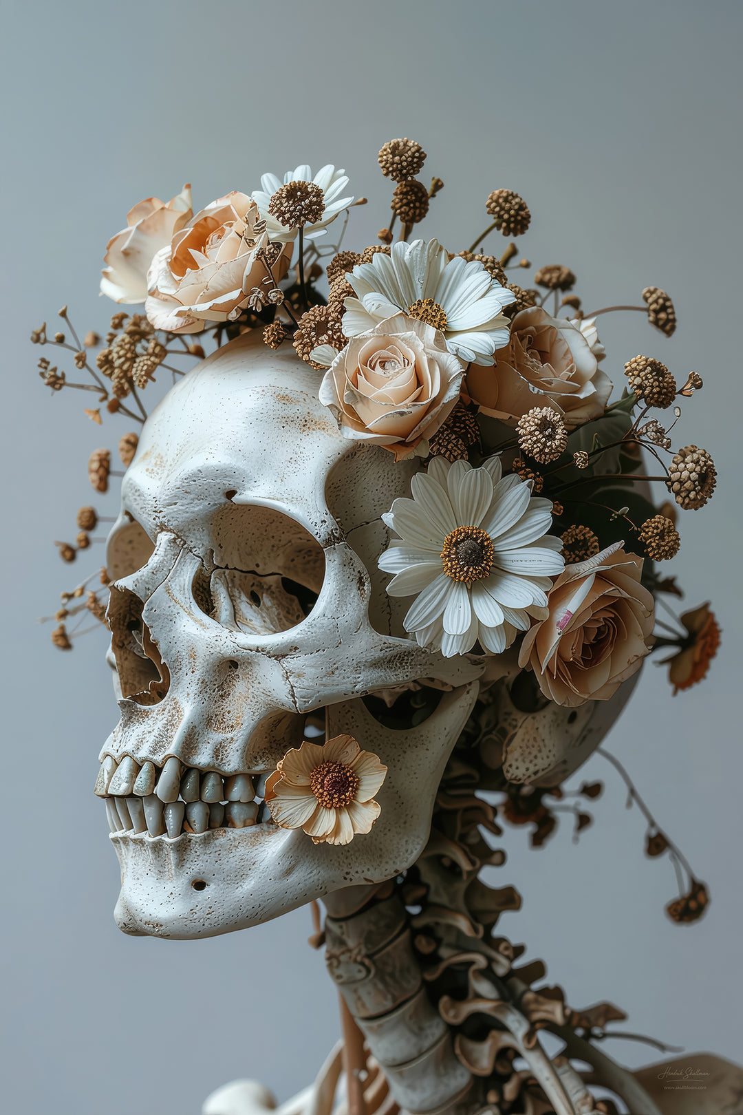 Fotografisch kunstwerk van schedel en decoratie met gedroogde bloemen – Skullbloom Floral serie
