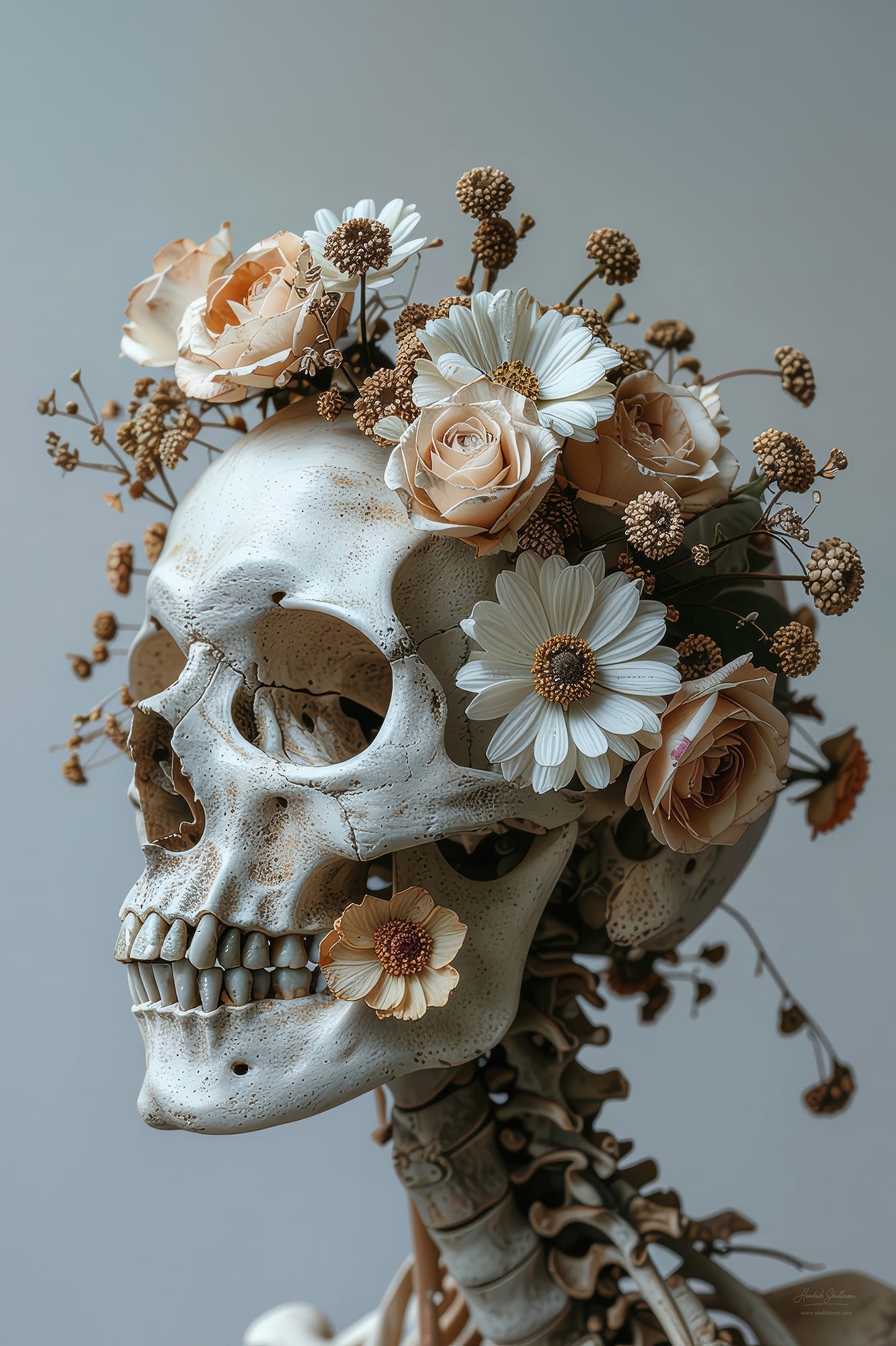 Fotografisch kunstwerk van schedel en decoratie met gedroogde bloemen – Skullbloom Floral serie