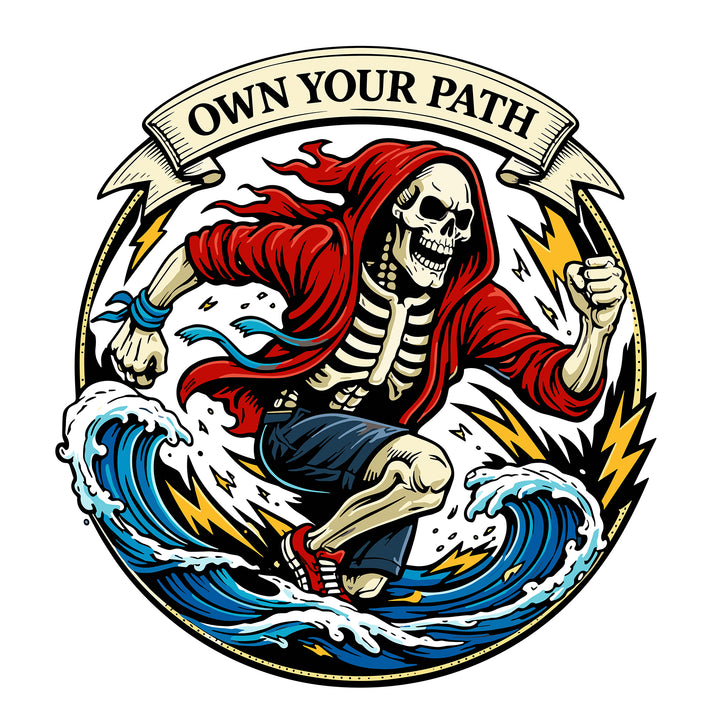 Enamel pin Own Your Path met rennende Auron Stormveil tussen golven en bliksems