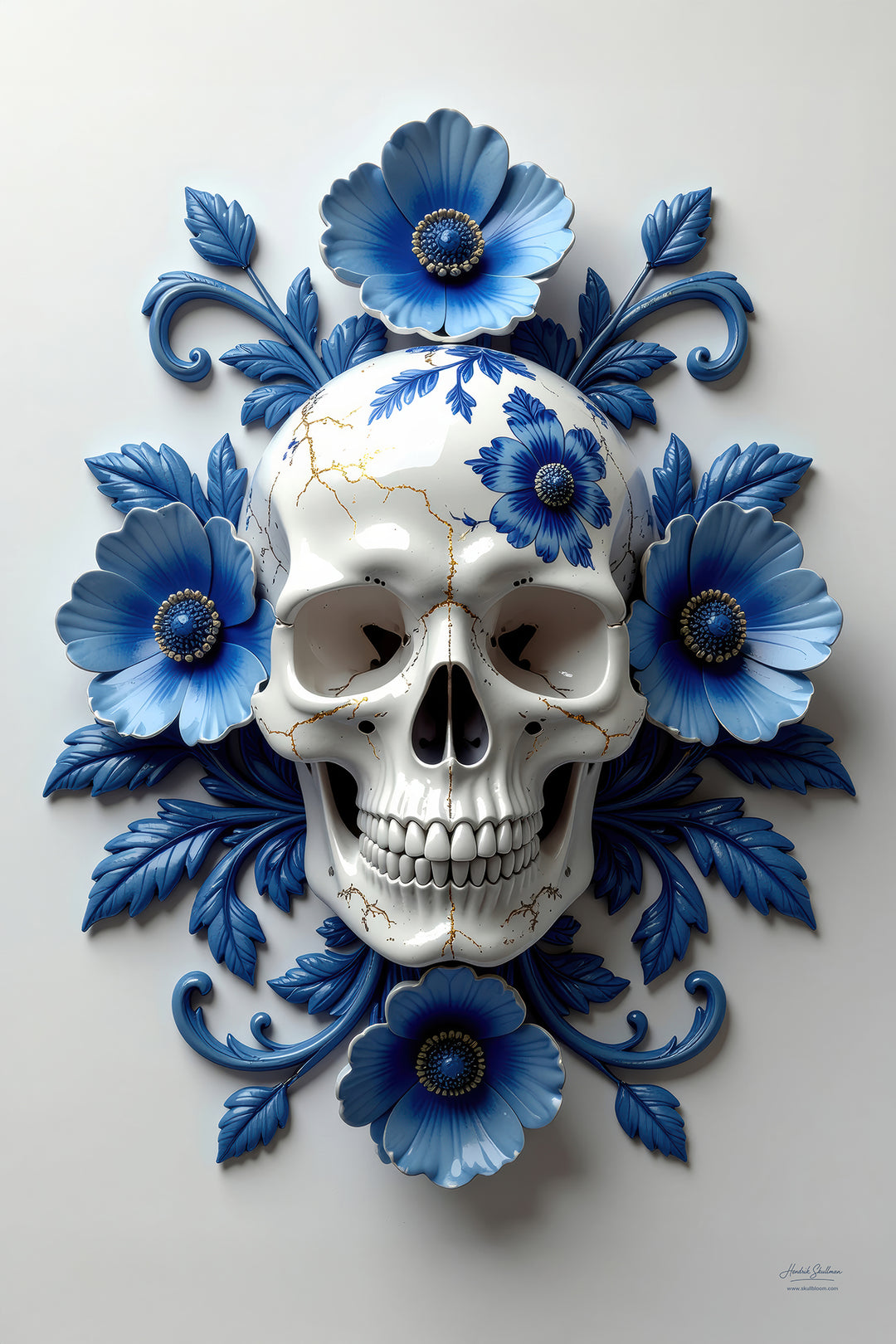 Fotografisch kunstwerk van porseleinen skull ornament met bloemen – Skullbloom