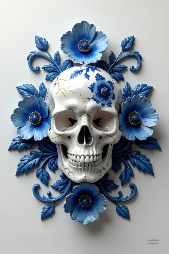 Fotografisch kunstwerk van porseleinen skull ornament met bloemen – Skullbloom