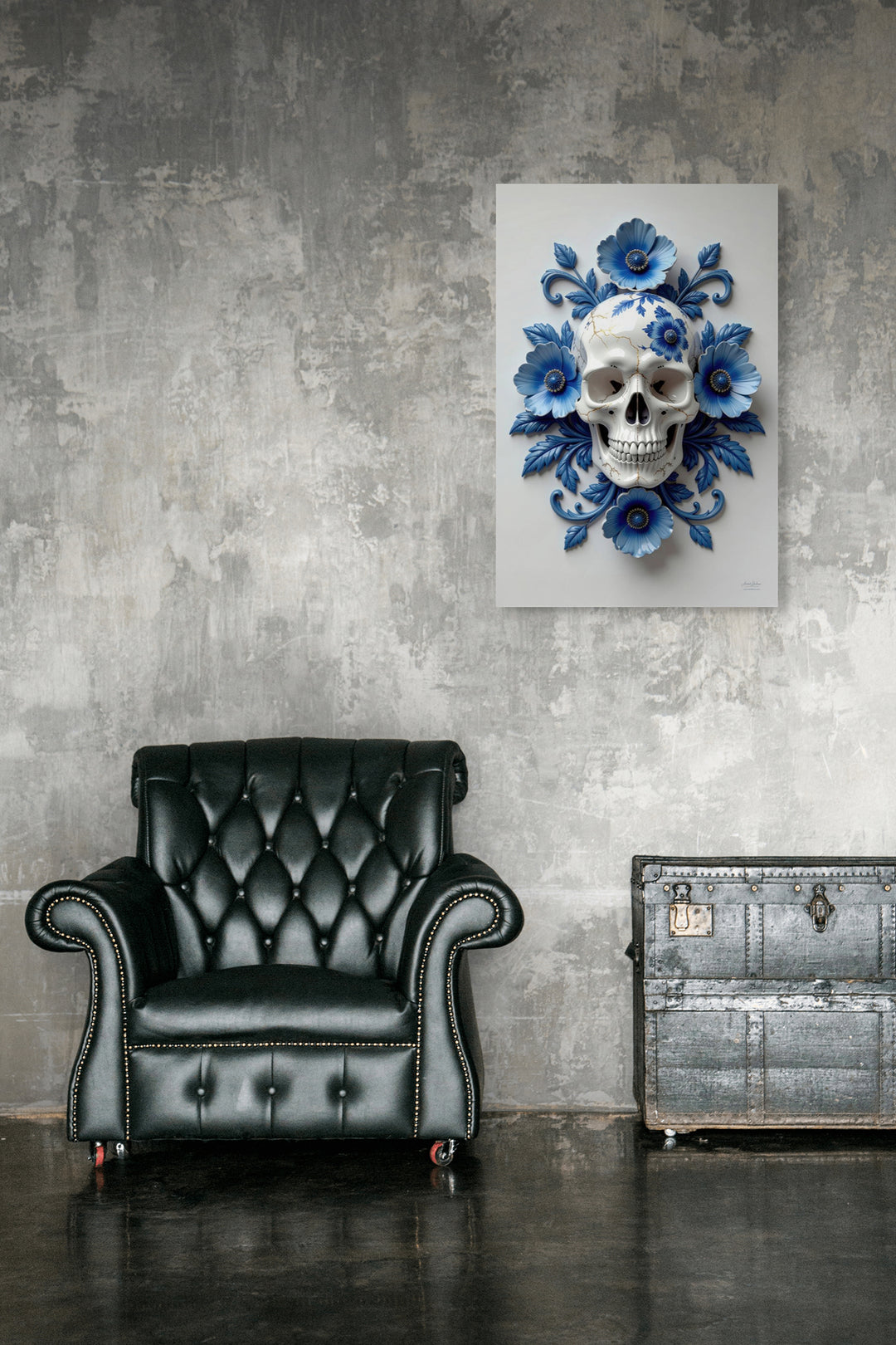 Skullbloom ornament kunstwerk gepresenteerd in luxe woonruimte