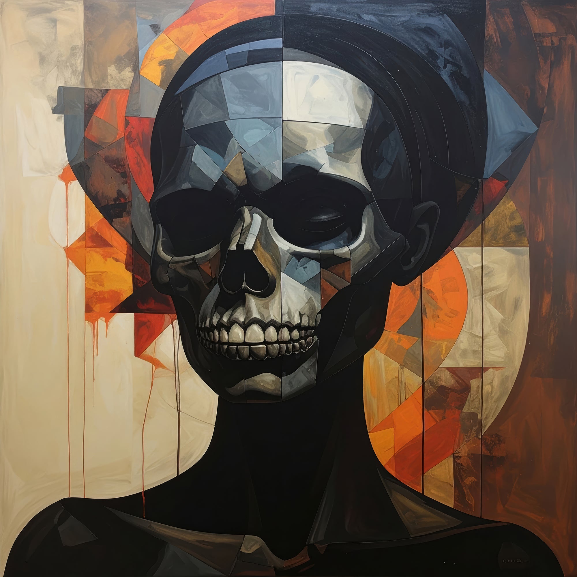 Donker abstract portret Veil II op Silver Plated Mirror met gelaagde vlakken