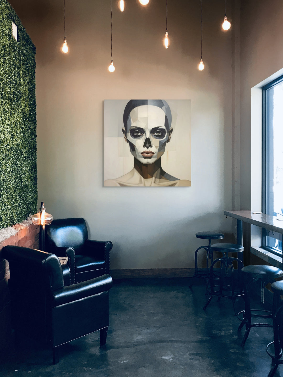 Veil kunstwerk als eyecatcher in minimalistisch interieur SkullBloom Universe