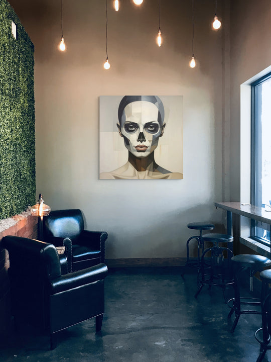 Veil kunstwerk als eyecatcher in minimalistisch interieur SkullBloom Universe