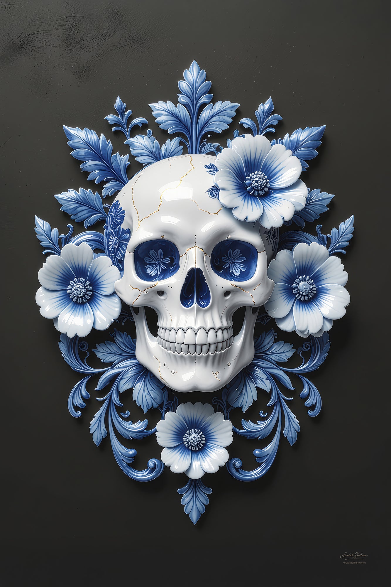 Foto van porseleinen schedel ornament met blauwe bloemen – Skullbloom
