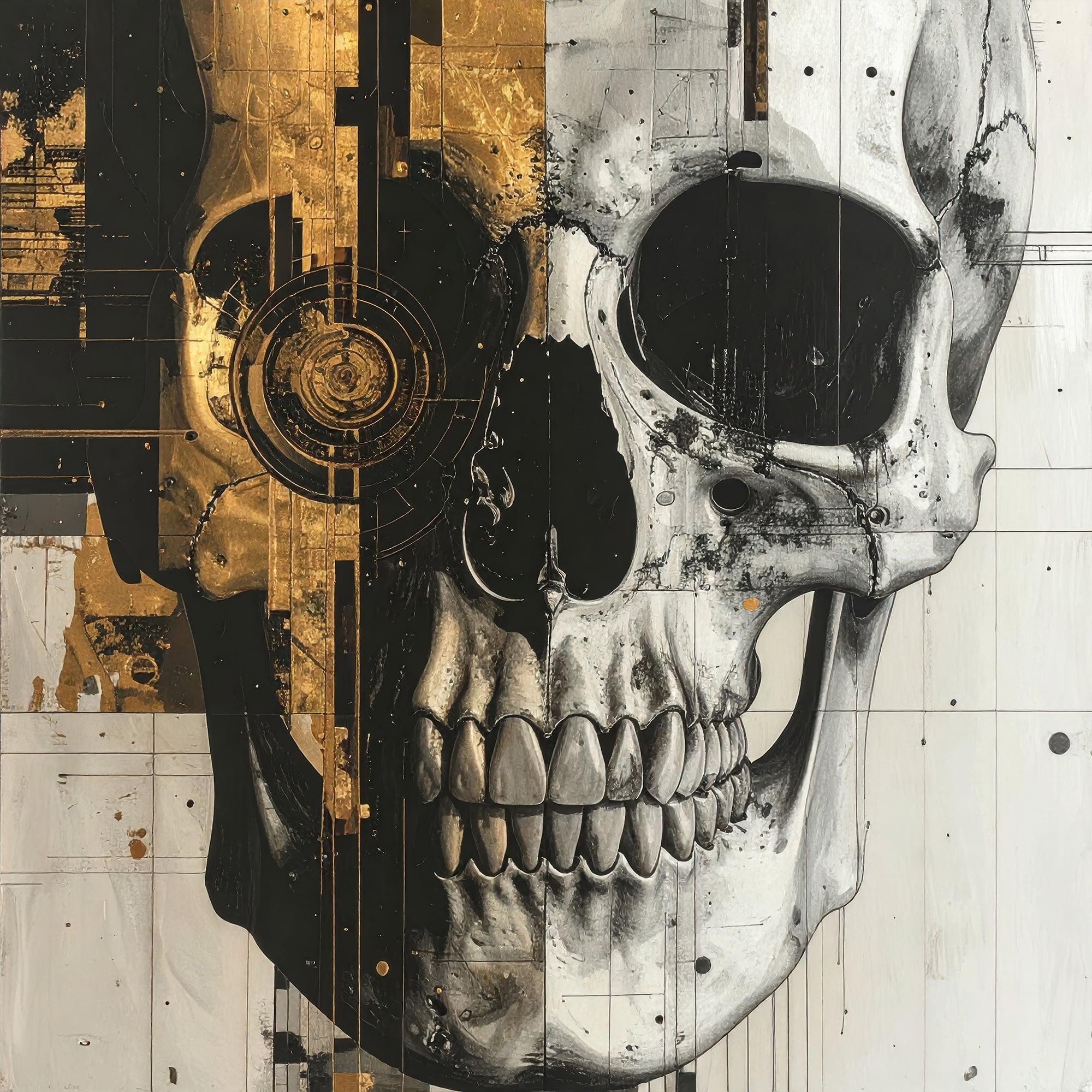 Schedelkunst After the Bloom I met gouden en zwarte details, grafisch en technisch vormgegeven, gedrukt op Silver Plated Mirror.