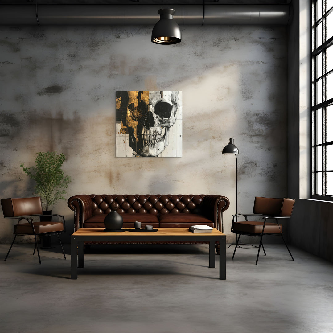 After the Bloom I moderne skull art in minimalistisch interieur, spiegelend materiaal.