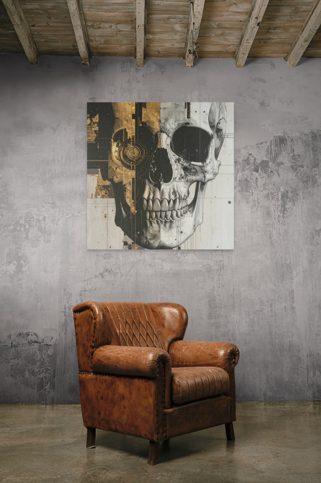 After the Bloom I schedelkunst als statement piece op Silver Plated Mirror in luxe interieur.