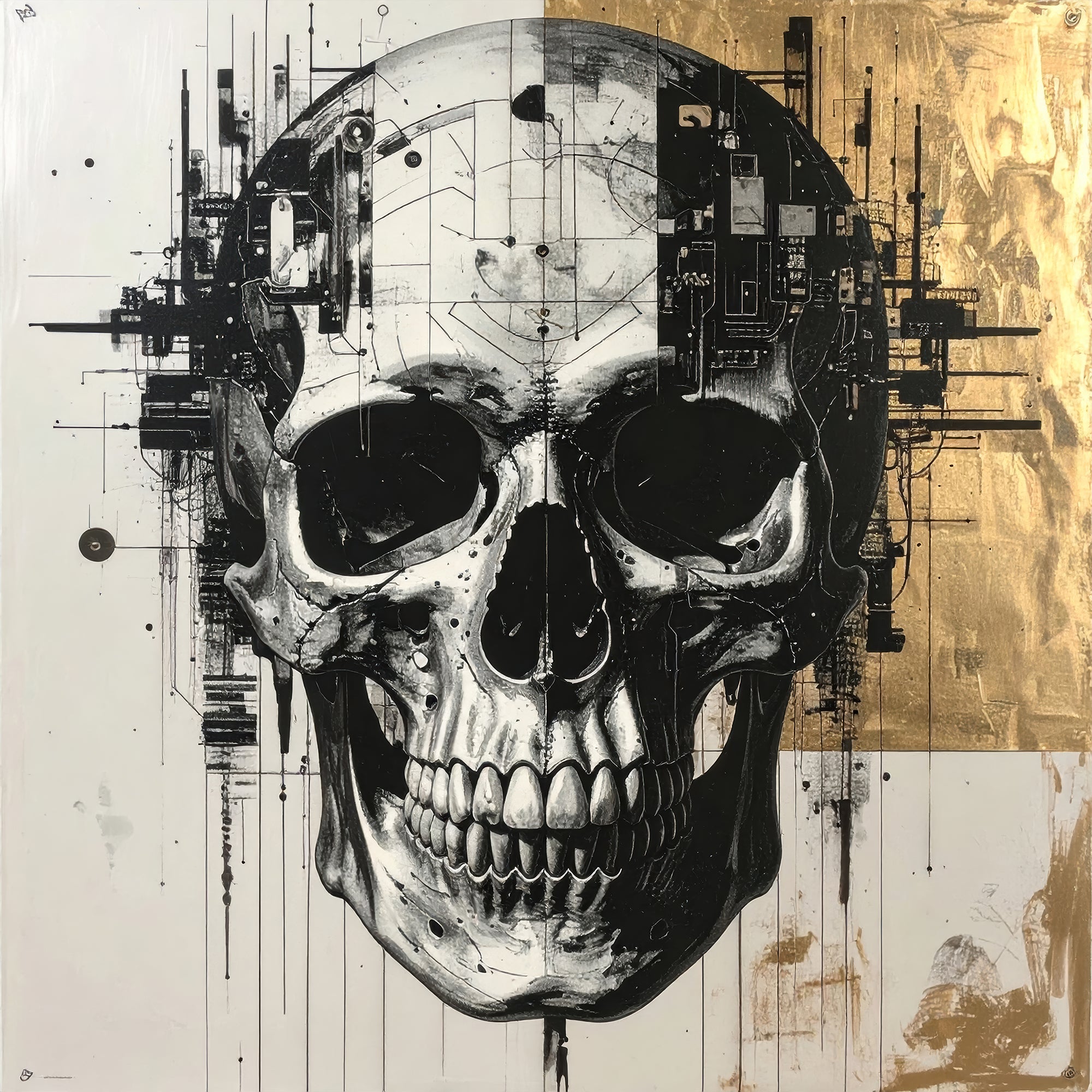 After the Bloom III schedelkunst met gelaagde structuren en gouden accenten op Silver Plated Mirror.