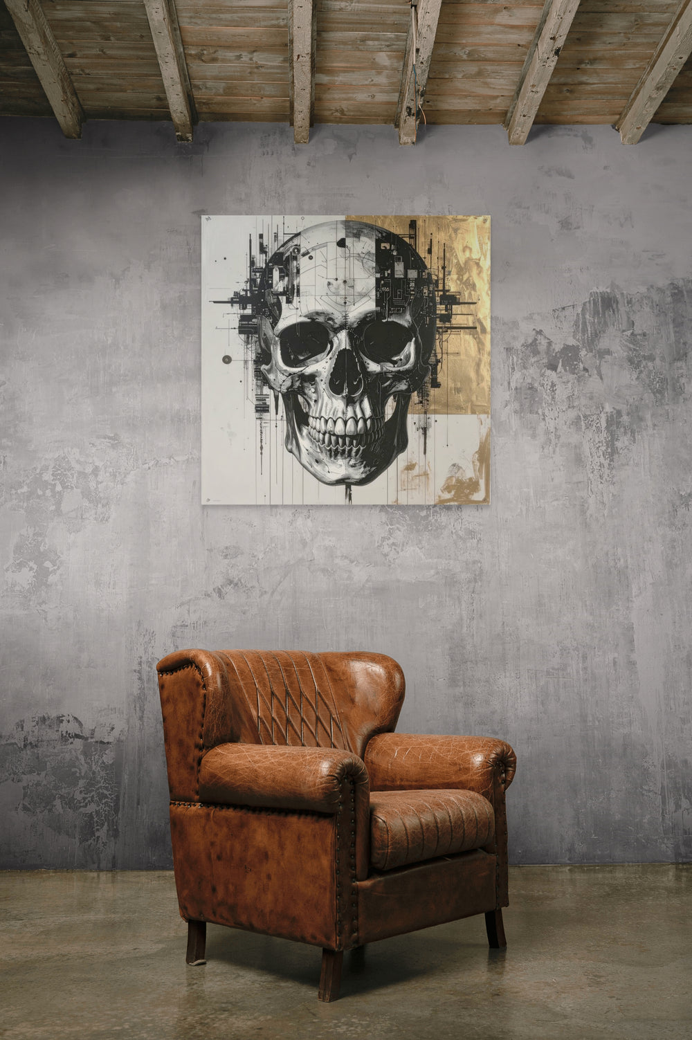 After the Bloom III Hendrik Skullman schedelkunst met gelaagde structuren en gouden accenten op Silver Plated Mirror.