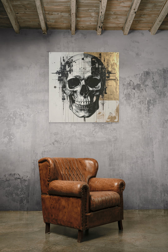 After the Bloom III Hendrik Skullman schedelkunst met gelaagde structuren en gouden accenten op Silver Plated Mirror.