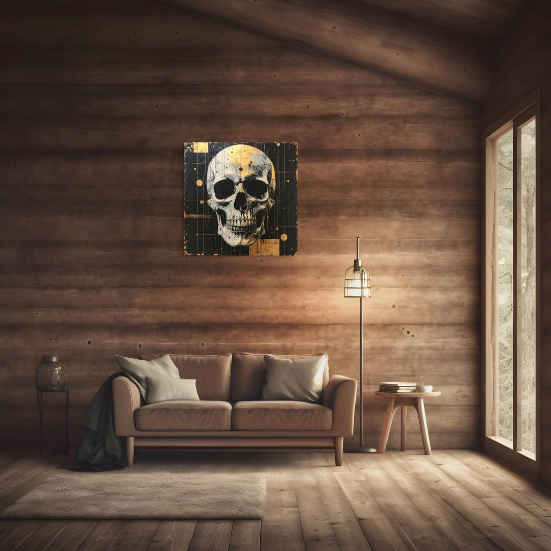 After the Bloom IV kunstwerk op Silver Plated Mirror boven moderne zithoek.