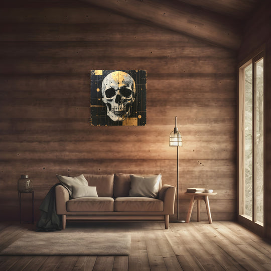 After the Bloom IV kunstwerk op Silver Plated Mirror boven moderne zithoek.