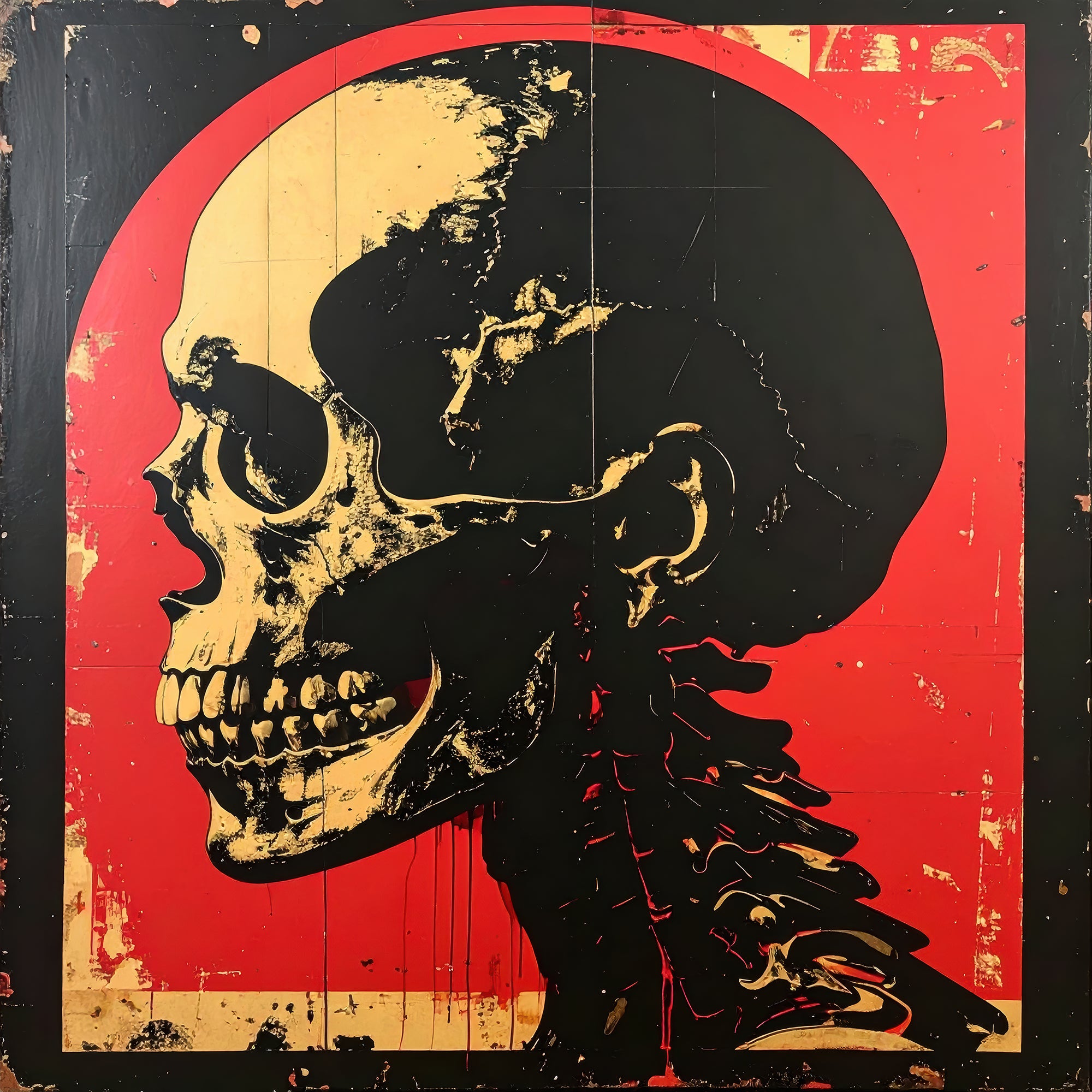 Zwart-gouden schedel in zijaanzicht op rood vlak, ICON I door Hendrik Skullman