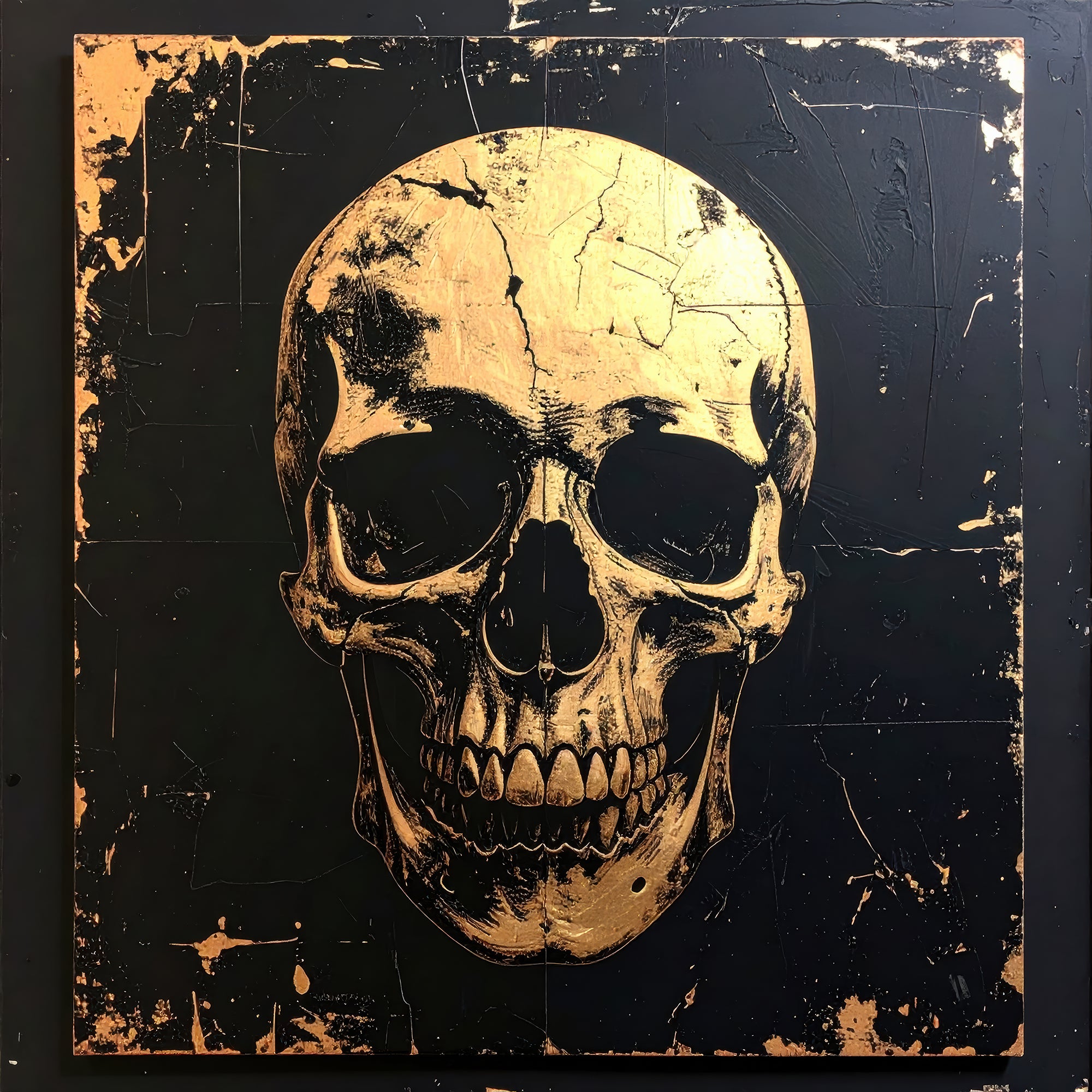 Frontale zwart-gouden schedel met verweerd oppervlak, ICON II door Hendrik Skullman