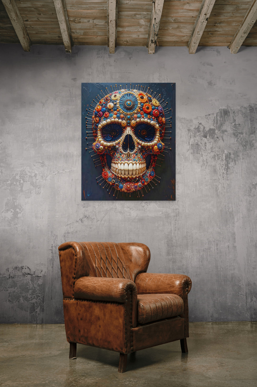 Zilver spiegelend kunstwerk met schedelmotief – Memento Vividum 7