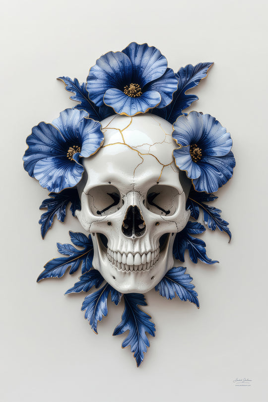 Foto van porseleinen schedel ornament met bloemen en goud – Skullbloom