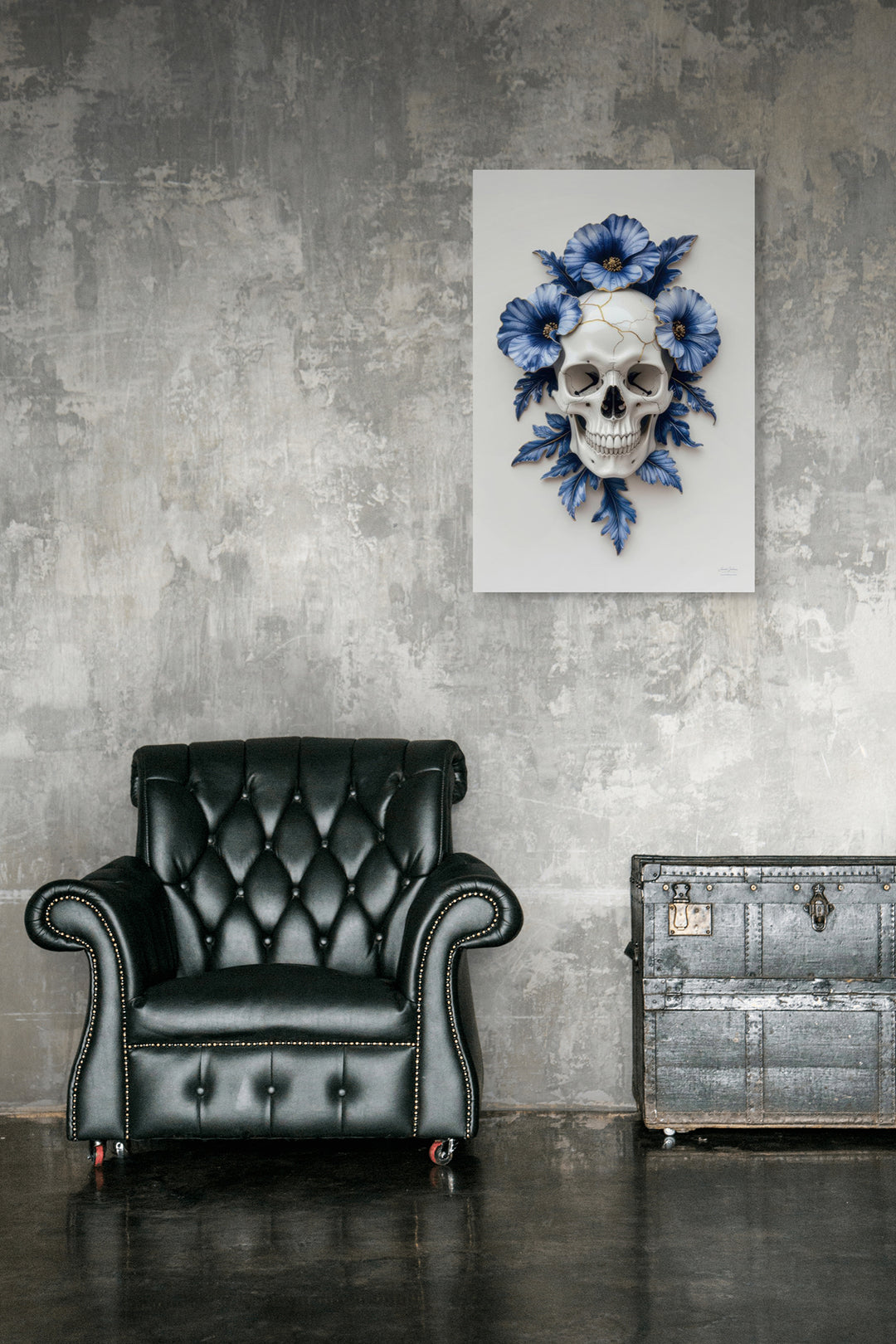 High-end Skullbloom ornament fotografie gepresenteerd aan de muur
